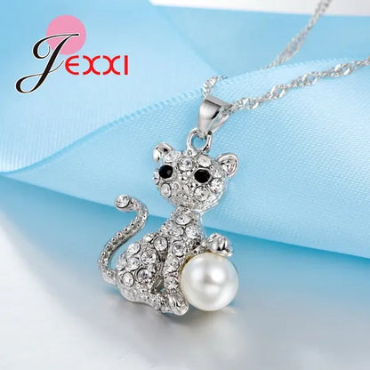 Cute Cat With Fine CZ Diamond And Pearl Ball 925 Sterling Silver Fashion Jewelry Set With Necklace/Earings Wholesale
