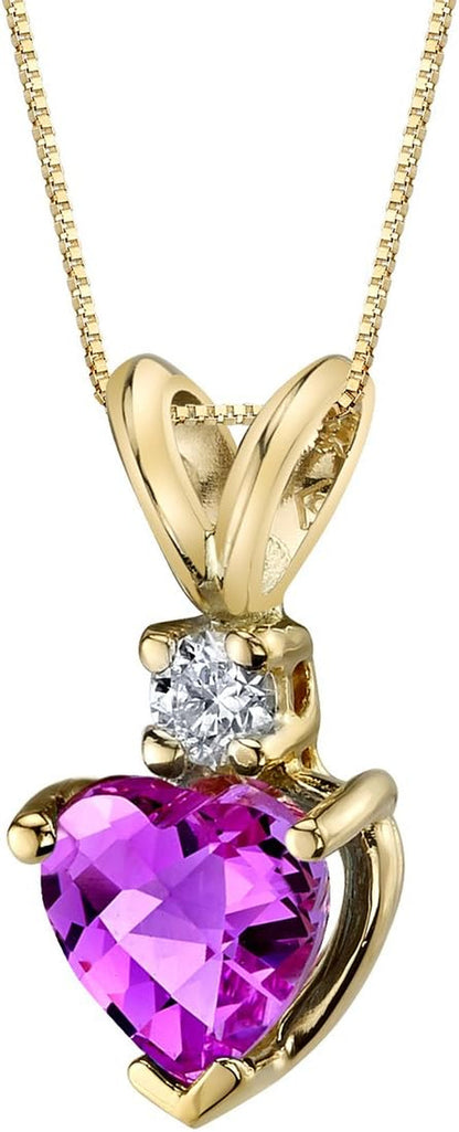 Created Pink Sapphire with Genuine Diamond Pendant in 14 Karat Yellow Gold, Heart Shape Solitaire, 6Mm, 1.15 Carats Total