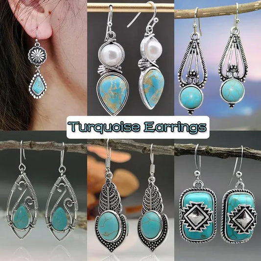 1Pair New Boho Ethnic Earrings for Women with Turquoise Gem Natural Stone Beads Earring Water Drop Hook Earring Vintage Jewelry - WORLD TIME VISITS