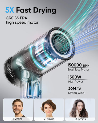 Hair Dryer - High-Speed 150,000 RPM Hairdryer for Fast Drying, 500Million Negative Ionic & Thermo-Control & Cool Shot Button & Lightweight & HD Display Blow Dryer with Magnetic Diffuser & Nozzle