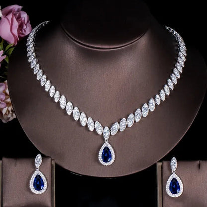 Gloriya Gorgeous Platinum Plated Party Jewelry Paved Indian Red Cubic Zirconia Crystal Big Tear Drop Necklace Earrings Set for Female Evening