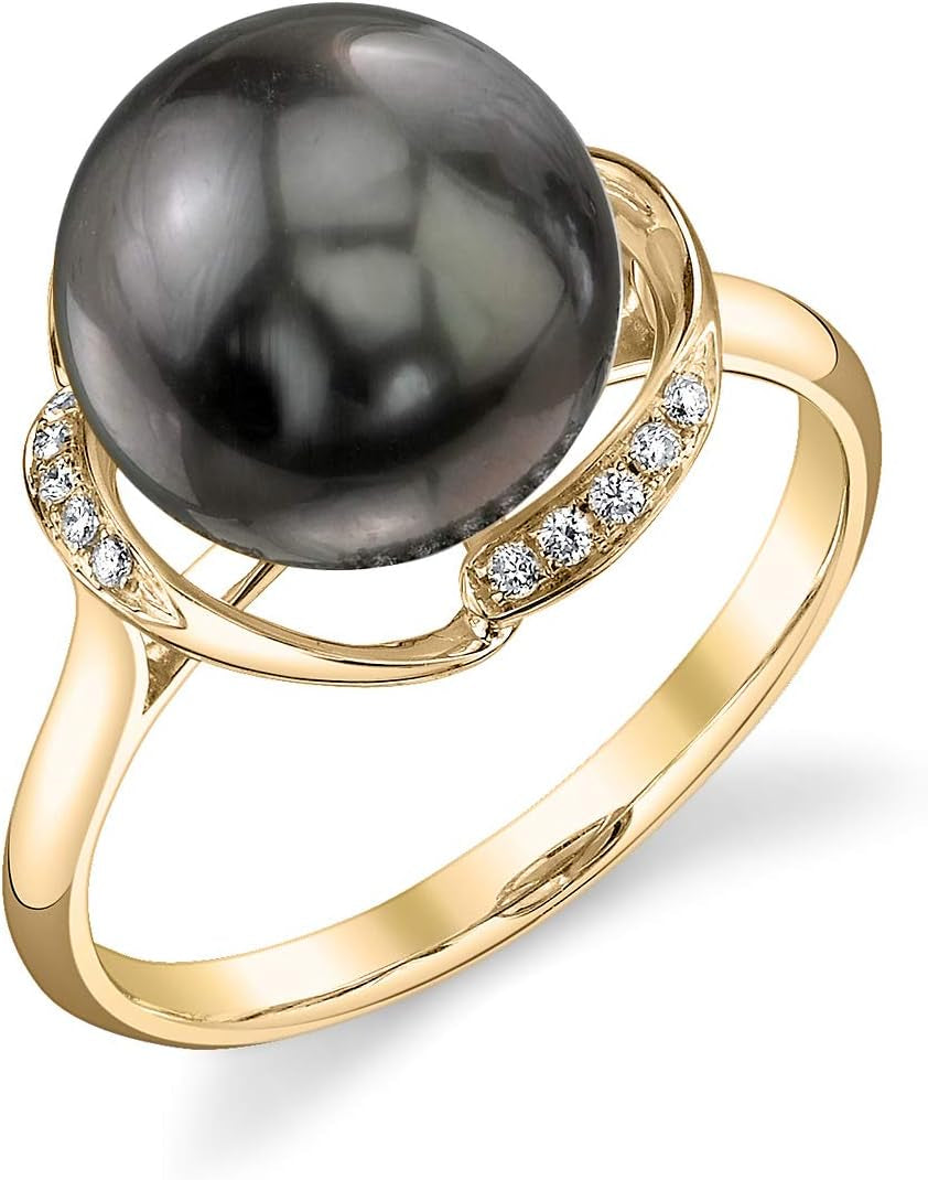 14K Gold 10-11Mm round Genuine Black Tahitian South Sea Cultured Pearl & Diamond Ruby Ring for Women