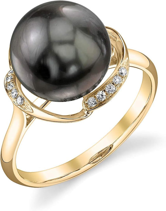 14K Gold 10-11Mm round Genuine Black Tahitian South Sea Cultured Pearl & Diamond Ruby Ring for Women