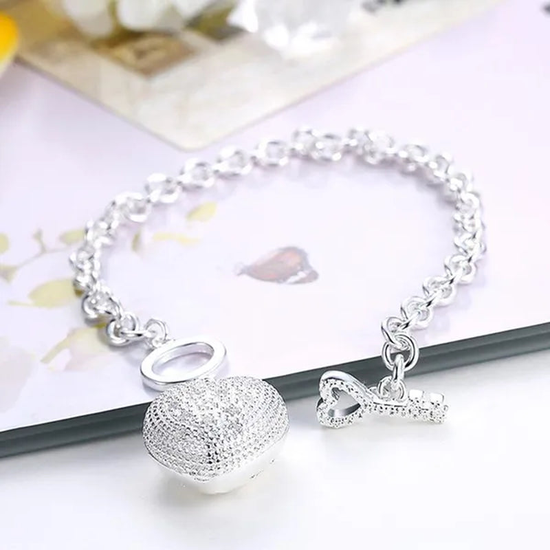 925 Sterling Silver Cute Crystal Heart Pendant Bracelet Necklace Set for Woman Wedding Engagement Party Charm Jewelry Gift