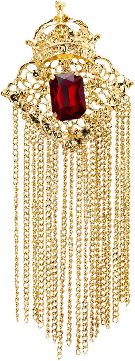 Brooch Pin Crowned Deep Red Stone with Abstract Work and Hanging Chain Lapel Pin Accessories for Men Women - WORLD TIME VISITS