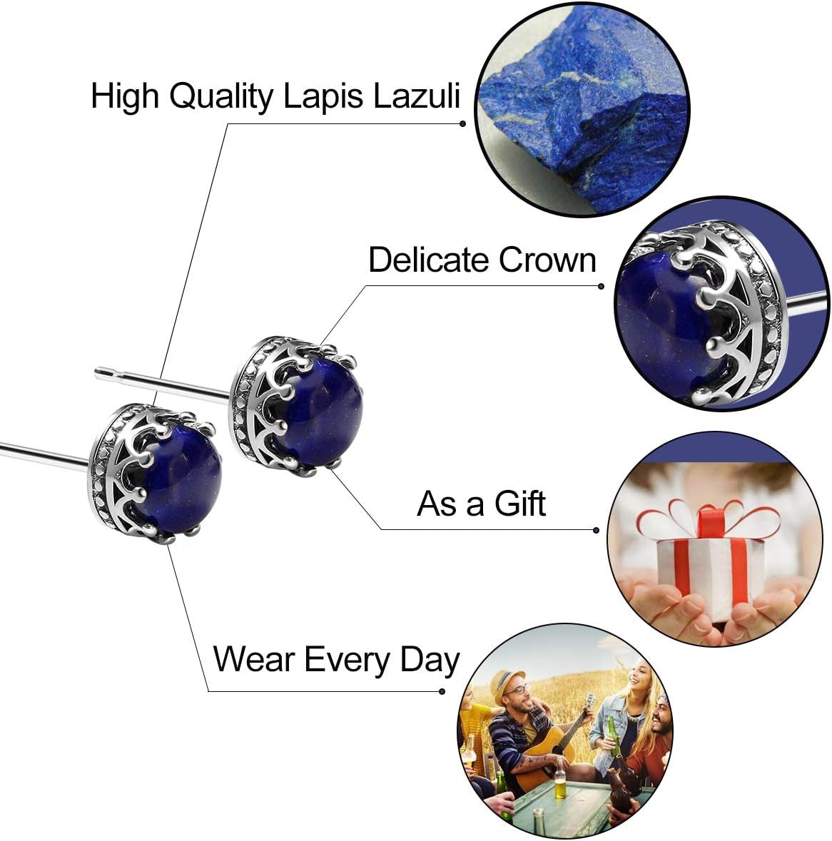 925 Sterling Silver Inlay Gemstone Earrings Crown Design Healing Crystals Studs for Woman Gift