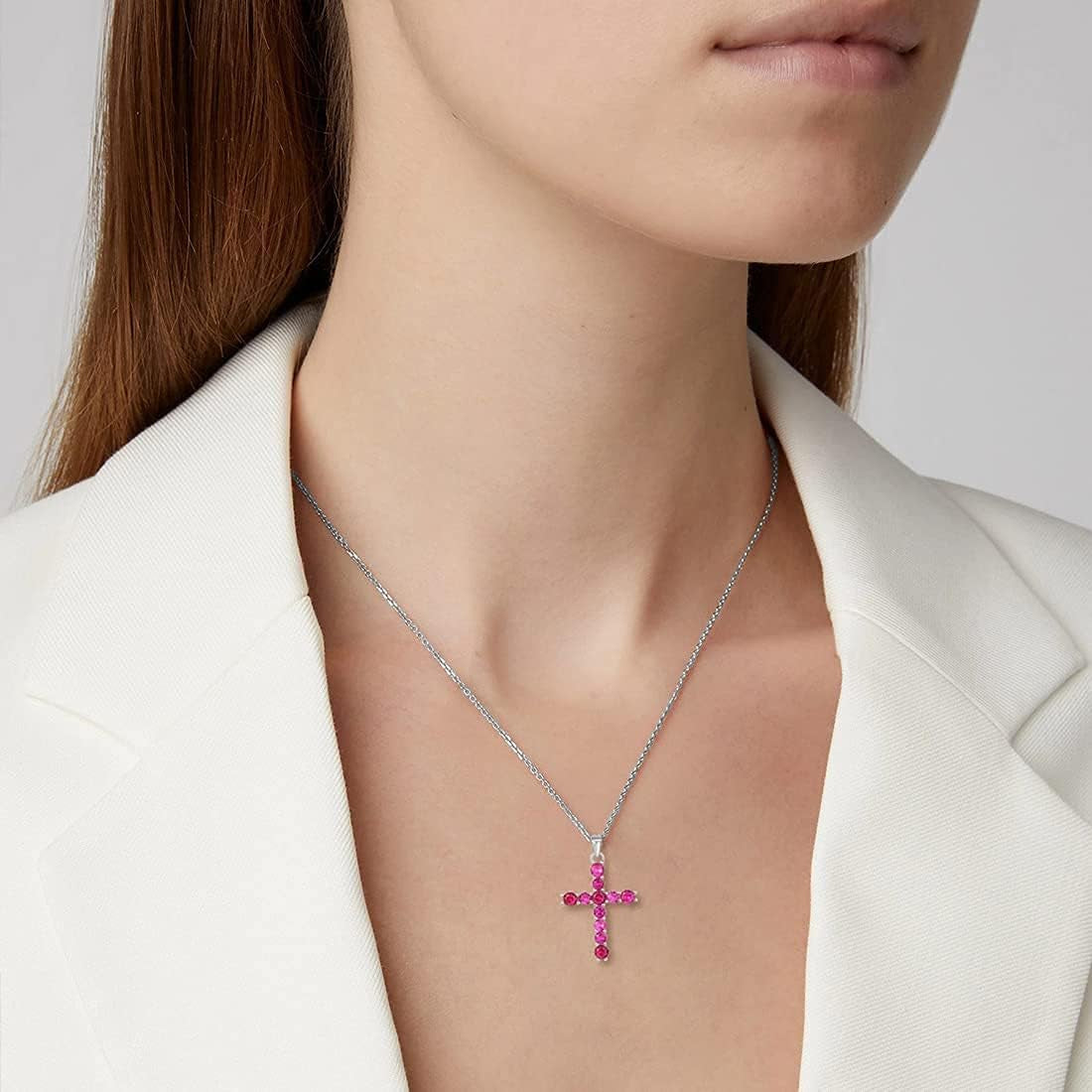 Gemstone Cross Necklace 925 Sterling Silver Created Birthstone Cross Prong Pendant Necklace Faithful Gift Ideas Fine Jewelry for Her Girlfriend Women Girls, 16" + 2" Extender - WORLD TIME VISITS