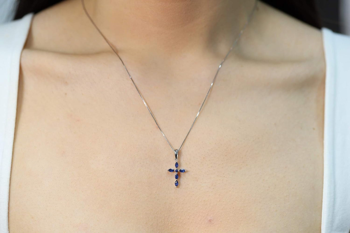 10K White Gold Cross Pendant Genuine Blue Sapphire Diamond (I1,I2) Pendant for Women