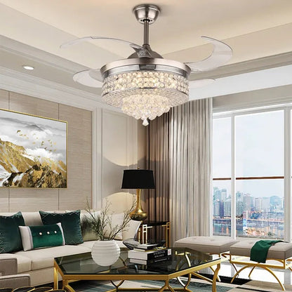 42'' Modern Invisible Telescopic Ceiling Fan Light LED Chandelier with Remote Control Silver