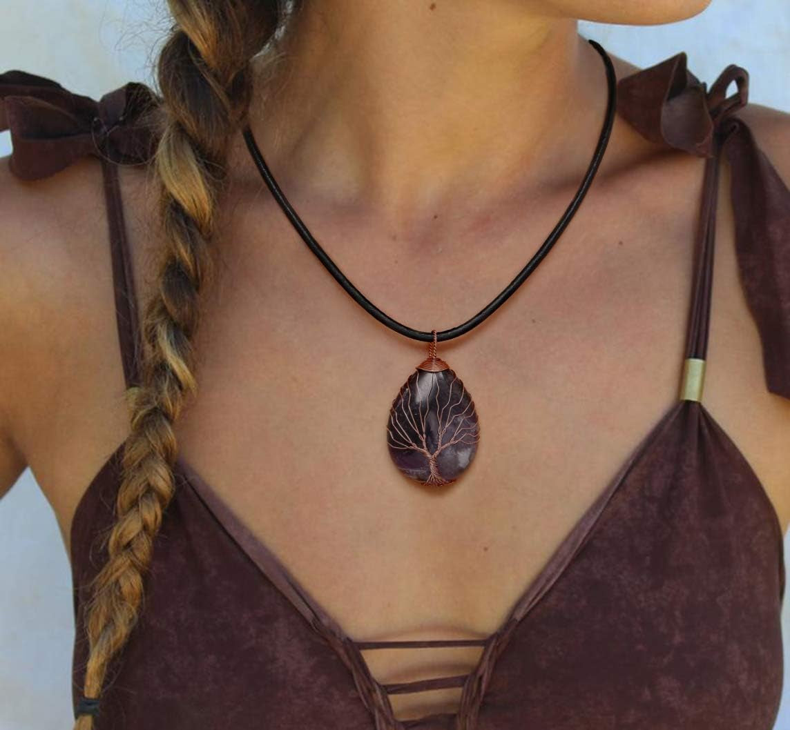 7 Chakra Gemstone Healing Crystals Necklace - Copper Wire Wrapped Natural Unisex Hippie Leather Choker