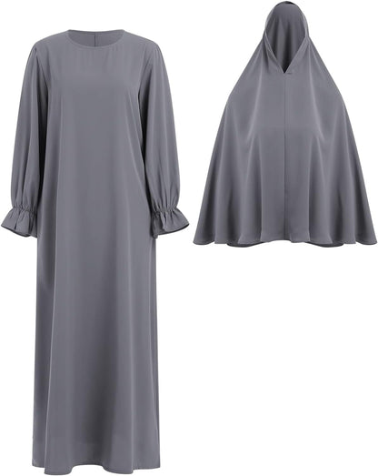 Women'S Muslim Prayer Dress with Hijab Scarf Turkey Kaftan Abaya Dress Two-Piece Full Length Dress