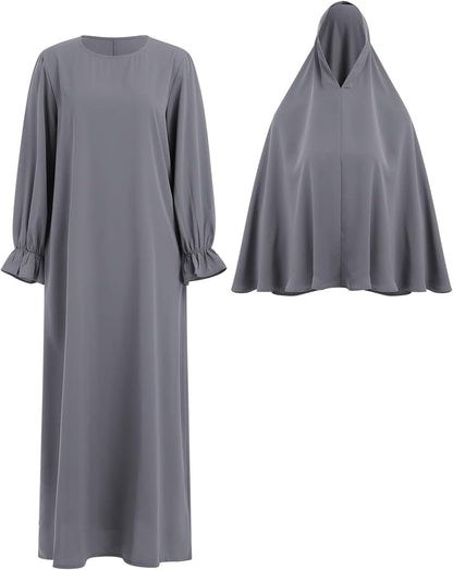 Women'S Muslim Prayer Dress with Hijab Scarf Turkey Kaftan Abaya Dress Two-Piece Full Length Dress