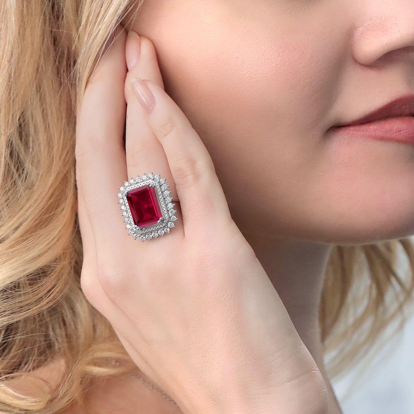 8.60 Cttw Red Created Ruby Ring for Women in 925 Sterling Silver | Emerald Cut 14X10MM | Available in Size 5,6,7,8,9