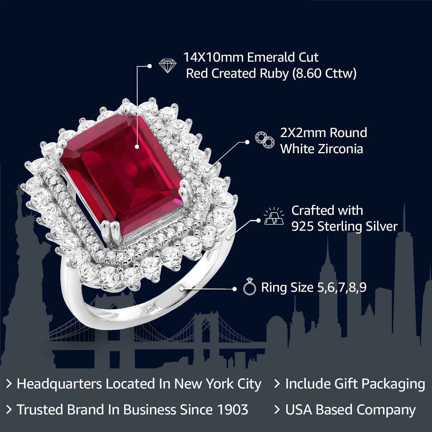 8.60 Cttw Red Created Ruby Ring for Women in 925 Sterling Silver | Emerald Cut 14X10MM | Available in Size 5,6,7,8,9 - WORLD TIME VISITS