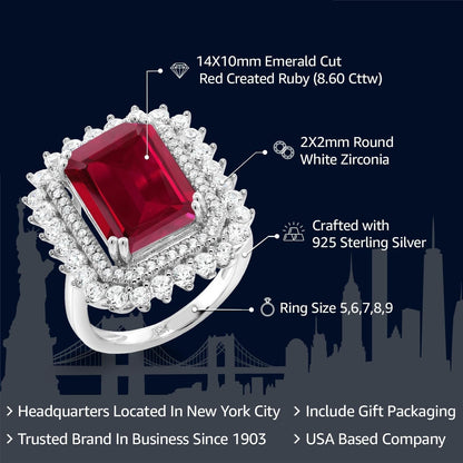 8.60 Cttw Red Created Ruby Ring for Women in 925 Sterling Silver | Emerald Cut 14X10MM | Available in Size 5,6,7,8,9 - WORLD TIME VISITS