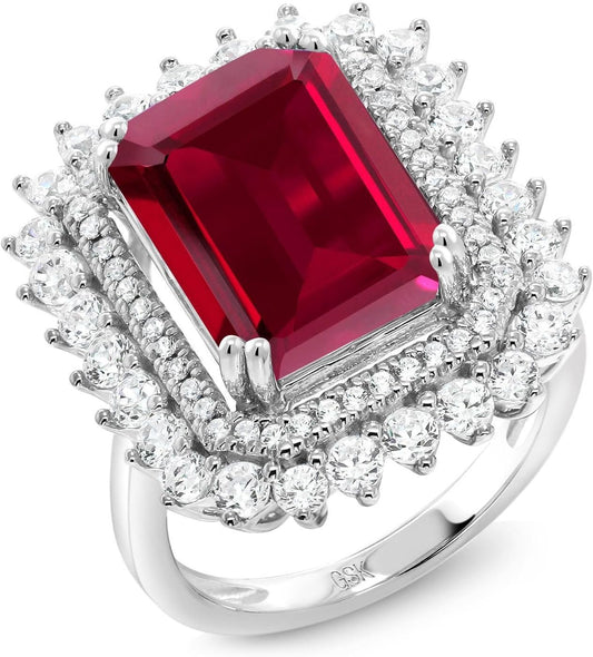 8.60 Cttw Red Created Ruby Ring for Women in 925 Sterling Silver | Emerald Cut 14X10MM | Available in Size 5,6,7,8,9 - WORLD TIME VISITS