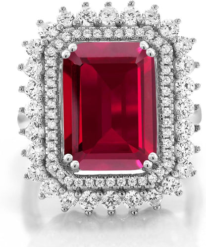 8.60 Cttw Red Created Ruby Ring for Women in 925 Sterling Silver | Emerald Cut 14X10MM | Available in Size 5,6,7,8,9