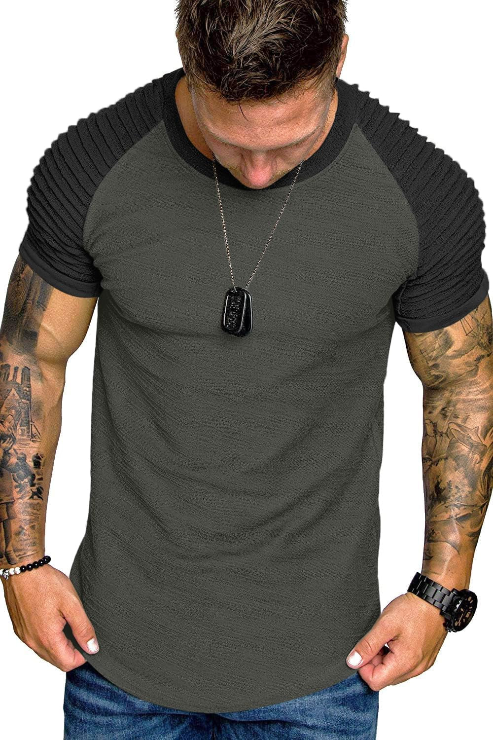 Men'S Muscle T-Shirt Pleated Raglan Sleeve Bodybuilding Gym Tee Short Sleeve Fashion Workout Shirts Hipster Shirt