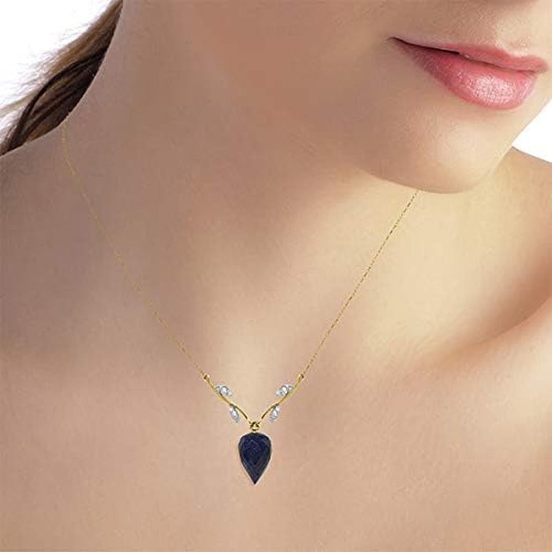 14K Solid Gold Necklace with Diamonds and Briolette Sapphire - WORLD TIME VISITS