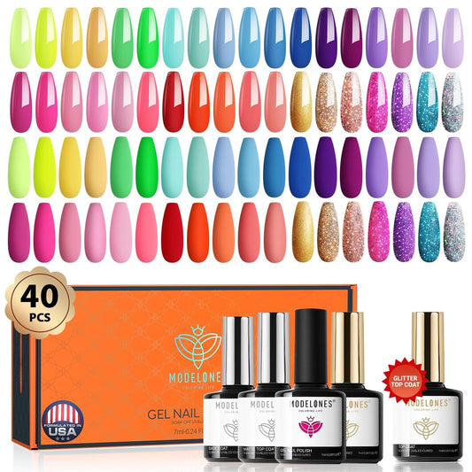 40 Pcs Gel Nail Polish Set, Summer Rainbow Neon Gel Polish Bright Hot Pink Green Yellow Purple Blue Glitter Nail Gel Polish with Nail Primer Base& Matte Glossy Top Coat Soak off LGBT Nails
