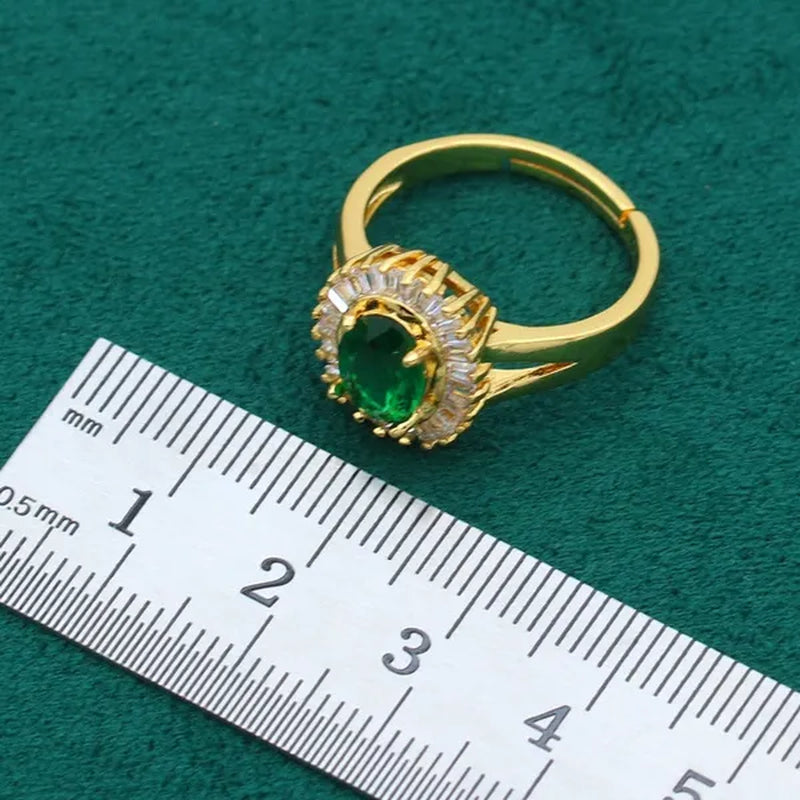 New Arrivals Gold Color Jewelry Sets For Women Wedding Green Zircon Bracelet Earrings Necklace Pendant Open Ring 4PCS