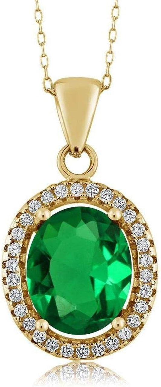 18K Yellow Gold Plated Silver 11X9MM Oval Gemstone Birthstone Halo Pendant Necklace for Women | with 18 Inch Silver Chain - WORLD TIME VISITS