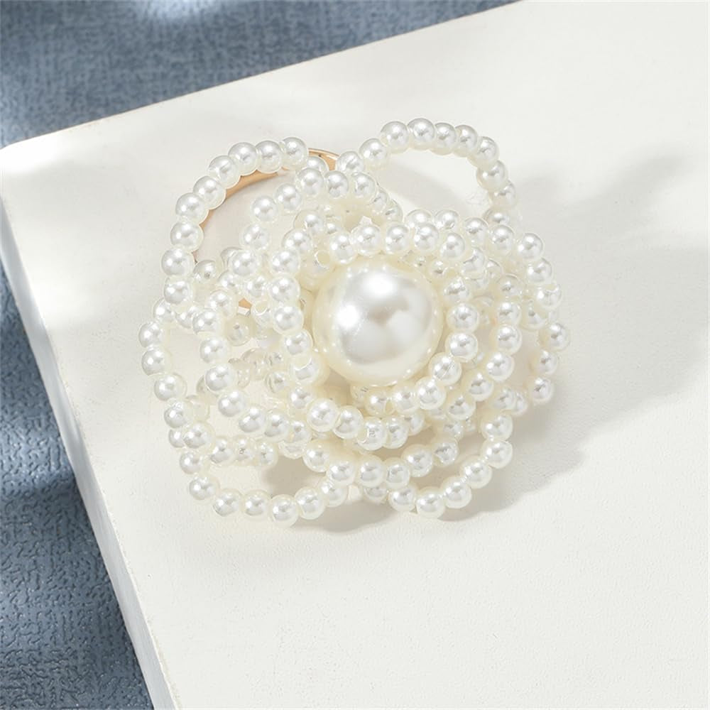 Pearl Ball Flower Statement Ring for Women Girls Gold Tone Handmade Adjustable Expandable Artificial Pearls Bead Cluster Open Wrap Finger Rings Comfort Fit Fashion Wedding Christmas Theme Party Jewelry Gift