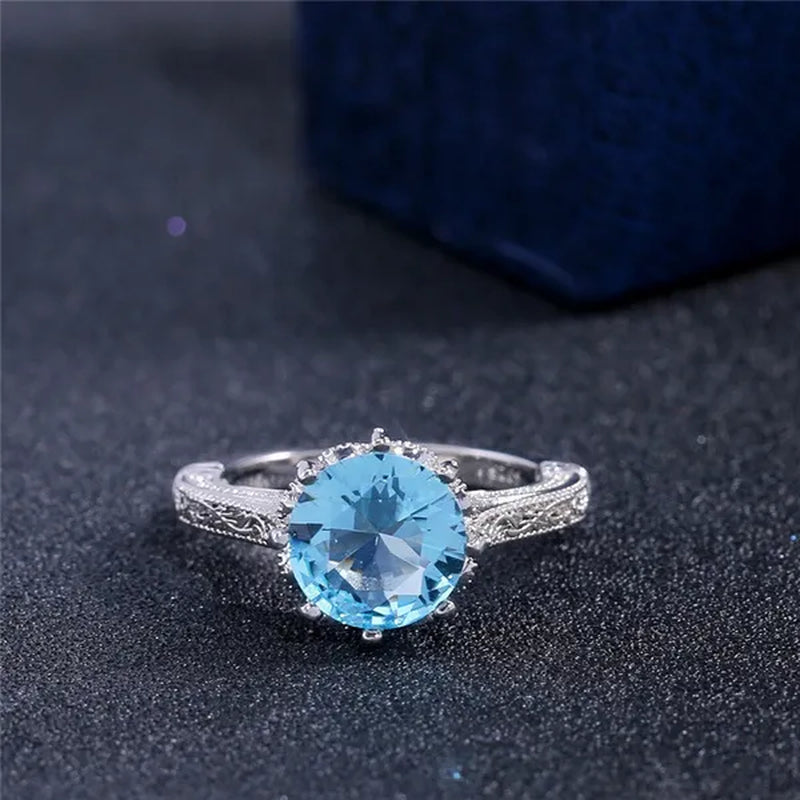 Fashion 2.0ct Round Cut Aquamarine Gemstone Ring Exquisite Silver Carver Flower Diamond Ring Couple Wedding Jewelry