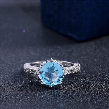 Fashion 2.0ct Round Cut Aquamarine Gemstone Ring Exquisite Silver Carver Flower Diamond Ring Couple Wedding Jewelry
