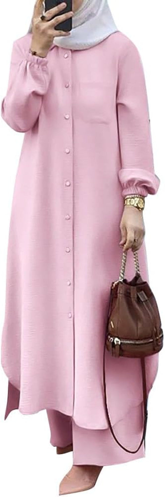 Women'S Muslim 2 Pieces Sets Long Sleeve Button down Shirt and Pants Abaya Casual Dress Dubai Outfits - WORLD TIME VISITS