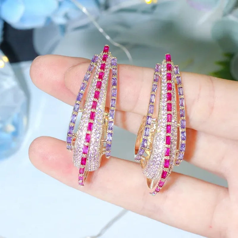 CANDICE Dubai Luxury Trendy Ear Jewelry Full Micro Pave Rose Red Purple CZ Crystal Hollow-out Design Arc Hoop Earrings for Dinner Party - WORLD TIME VISITS