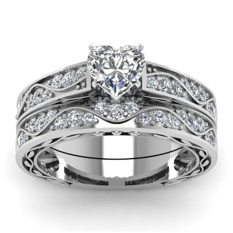 Exquisite Heart White Sapphire Wedding Ring Ruby Bridal Engagement Ring Set Wedding Band Anniversary Promise Jewelry Gift