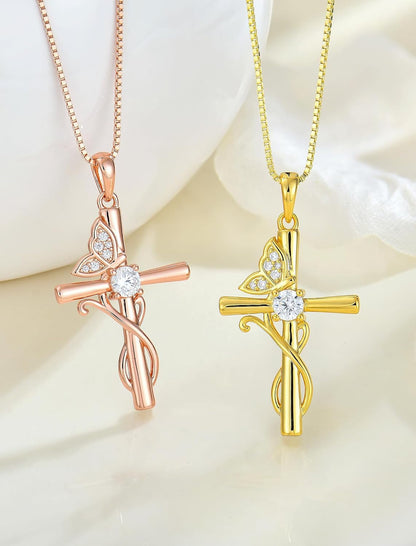 Butterfly Cross Necklace 925 Sterling Silver Crucifix Pendant Birthstone Jewelry for Women