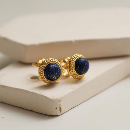Gempires Lapis Lazuli Stud Earrings, Hypoallergenic round Stud Earrings, Trendy Western Antiqued Style, September Birthstone Jewelry, Party Wear, 14K Gold Plated, Gift for Mom Wife S Daughter