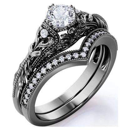 Engraved .68 Carat round Cut Real Diamond Victorian-Inspired Wedding Ring Set with Chevron Wedding Band in 10K Black Gold