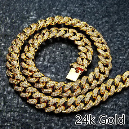 2022 New Gold/Silver Titanium Steel Chain Full Diamond Miami Cuban Link Necklace Men Punk Necklace