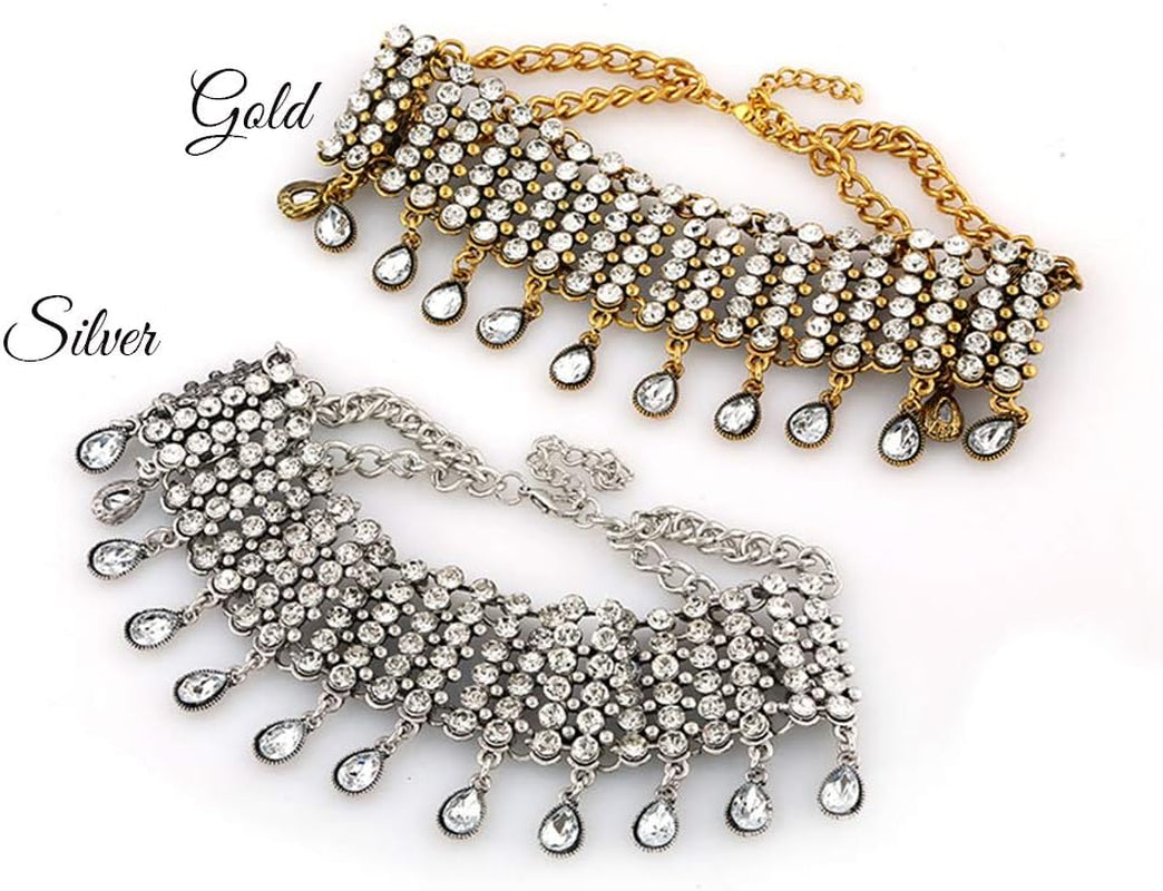 Vintage Boho Full Rhinestones Necklaces Tassel Jewelry Set Layered Pendant Statement Chunky Chain Necklace for Women
