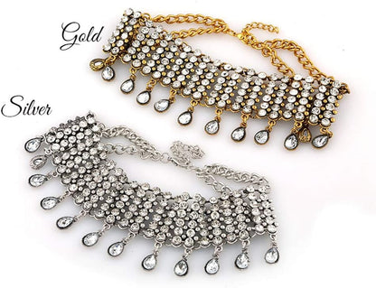Vintage Boho Full Rhinestones Necklaces Tassel Jewelry Set Layered Pendant Statement Chunky Chain Necklace for Women