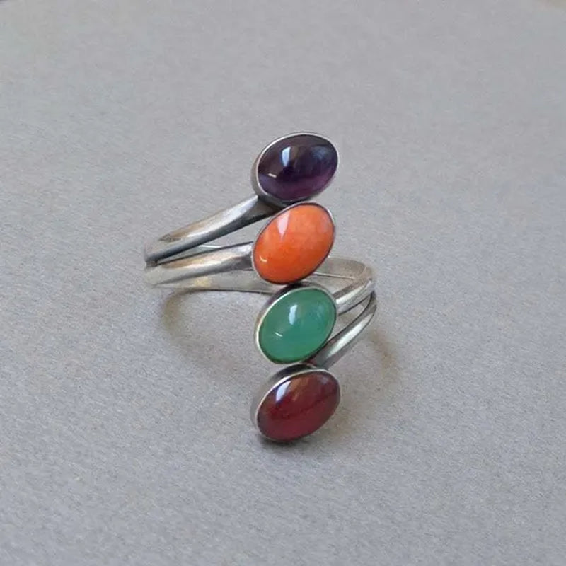 American Indian Retro Marcasite Ring Coral Garnet Amethyst Emerald Ring