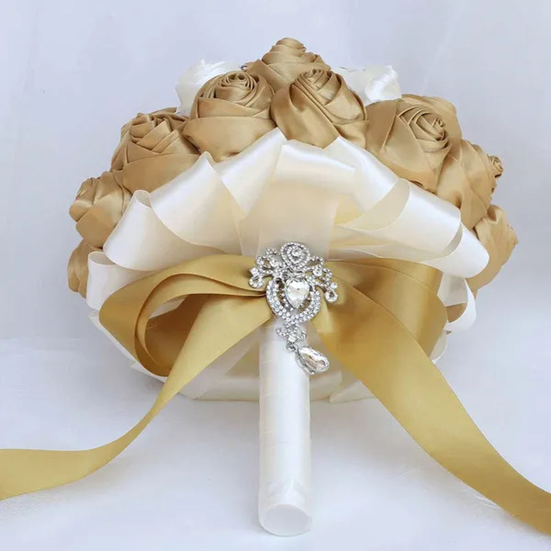 Exquisitely Handmade Ribbon Diamond Bridesmaids Holding Flowers 21CM Pearl Rhinestone Brooch Bridal Bouquet Artificial Silk Rose Wedding Flower Bouquet