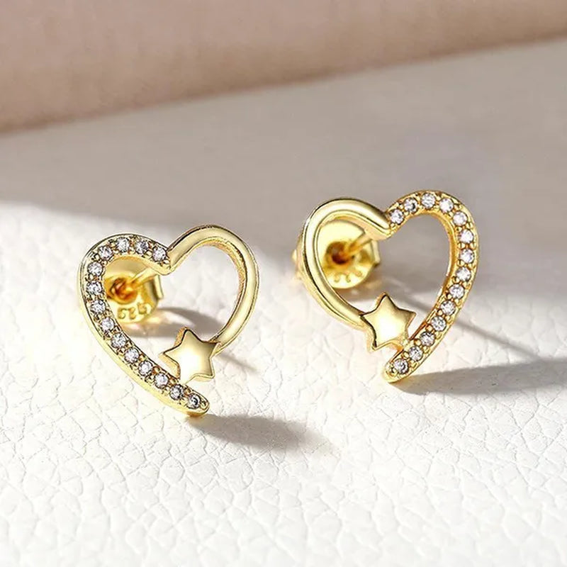 14K Gold Love Heart Star White Zircon Stud Earrings for Women Wedding Engagement Bride Jewelry Gift