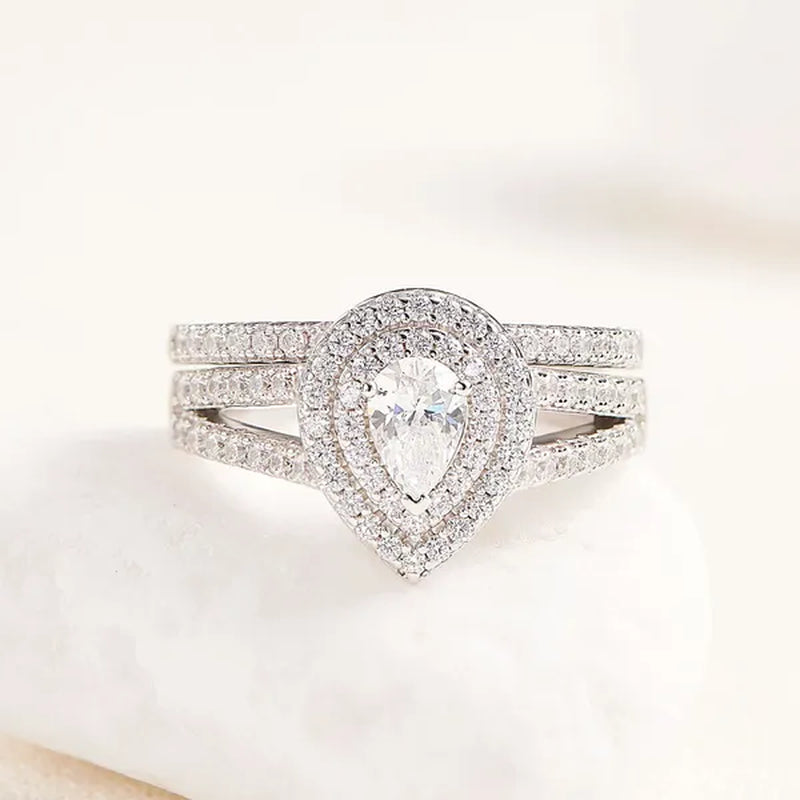Newshe 2Pcs Wedding Ring Set Classic Jewelry Pear Shape 1.2 Carats AAAAA CZ 925 Sterling Silver Teardrop Engagement Rings for Women Size 5-12