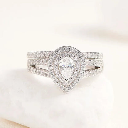 Newshe 2Pcs Wedding Ring Set Classic Jewelry Pear Shape 1.2 Carats AAAAA CZ 925 Sterling Silver Teardrop Engagement Rings for Women Size 5-12