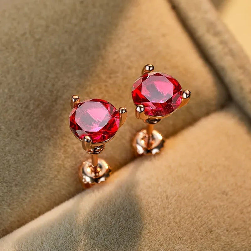 Exquisite Fashion Women Love Princess 925 Silver Round Cut Ruby Garnet Three Prong Stud Earrings for Women Bridal Wedding Jewelry Gifts
