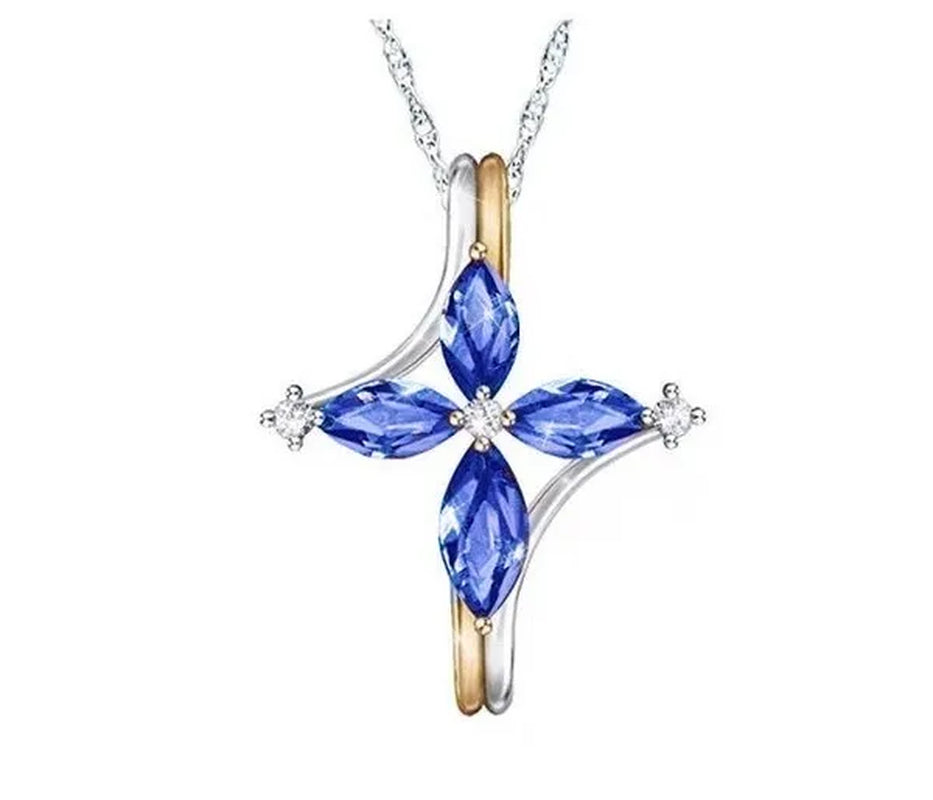 Exquisite 925 Sterling Silver Goldplated Natural Sapphire Amethyst Cross Ring Earrings Necklace Bride Princess Wedding Engagement Birthstone Jewelry Set Ring Size 5-10