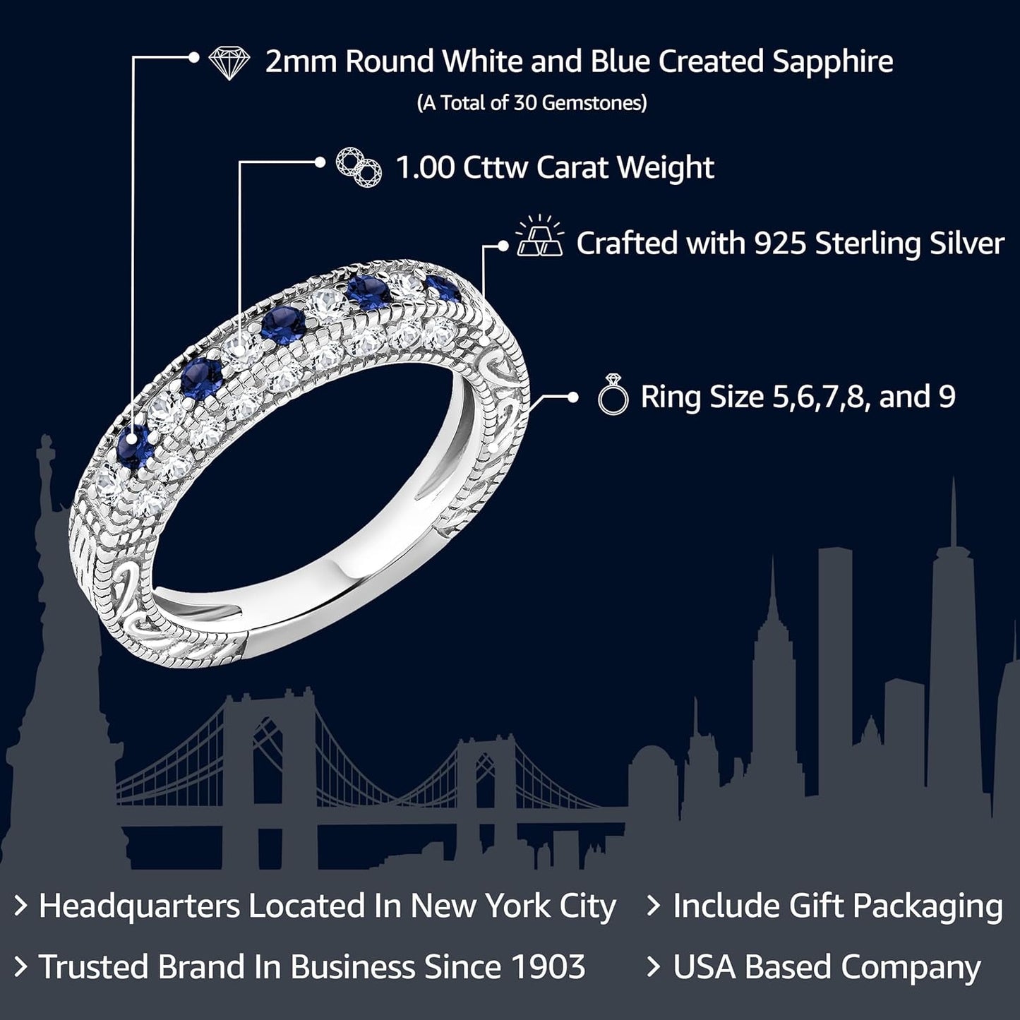 925 Sterling Silver Blue and White Created Sapphire Ring | Wedding Band Ring for Women | 1.00 Cttw | Available in Size 5, 6, 7, 8, 9 - WORLD TIME VISITS