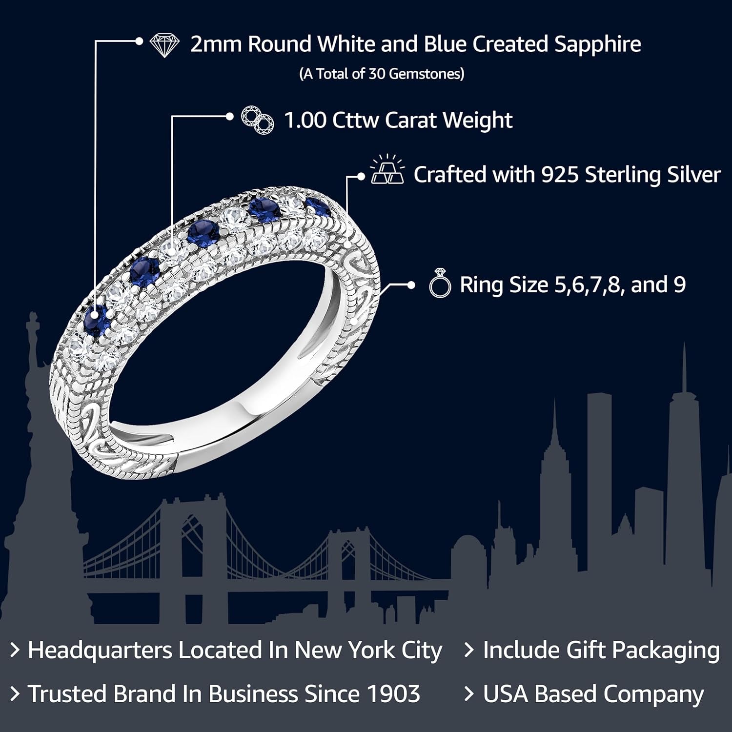 925 Sterling Silver Blue and White Created Sapphire Ring | Wedding Band Ring for Women | 1.00 Cttw | Available in Size 5, 6, 7, 8, 9 - WORLD TIME VISITS
