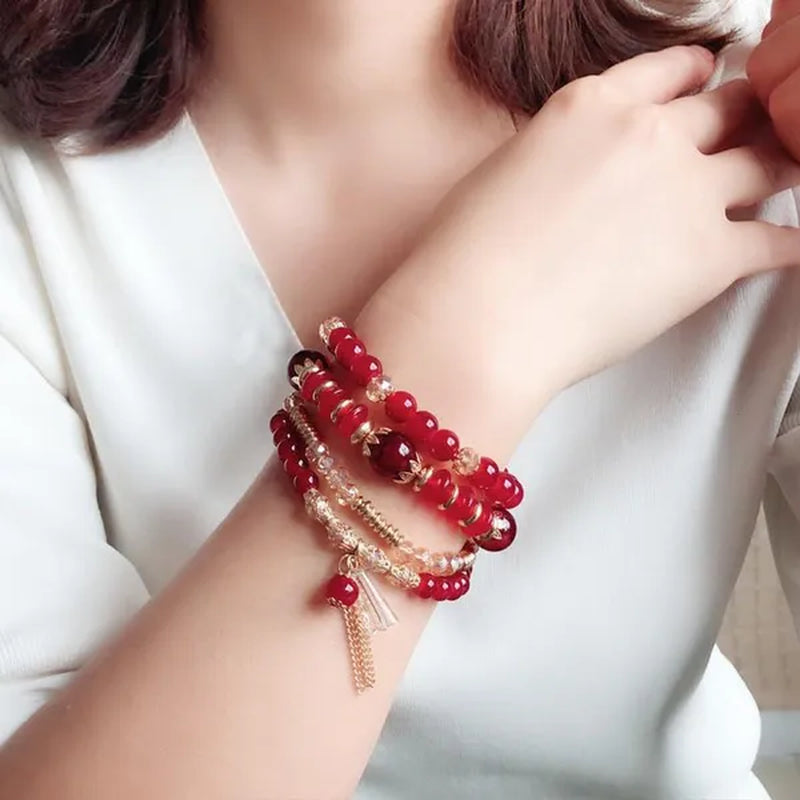 Women's bohemian creative beaded crystal bracelet 4 pack multi-layer beaded fashion bracelet