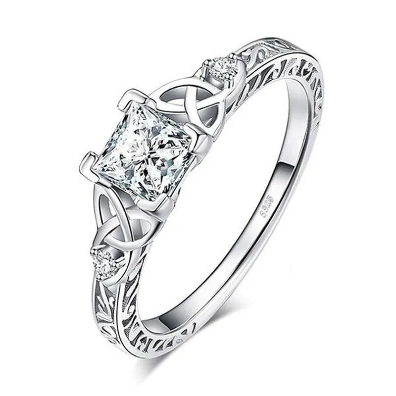 Classic and Fashionable Silver-Plated Celtic Knot Princess Geometric Cubic Diamond Ring Bridal Engagement Wedding Ring Size 5-11 - WORLD TIME VISITS