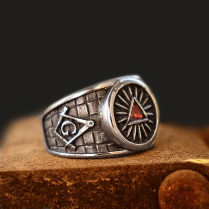 Retro Masonic Triangle Ruby Ring Mason Master Ring 316L Stainless Steel Ring Masonic Jewelry Punk Party Ring